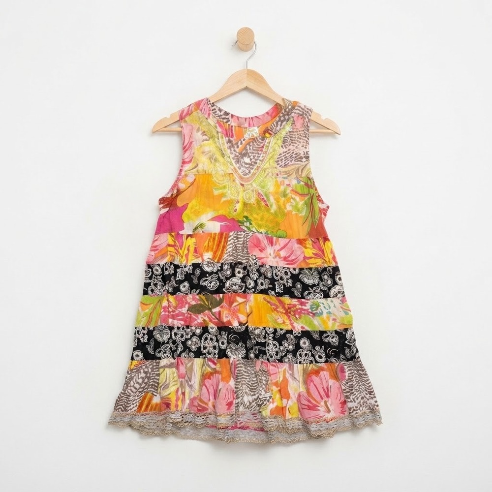 Free People Hippie Chic Patchwork Floral Colorful Dress Tiered Tunic Medium